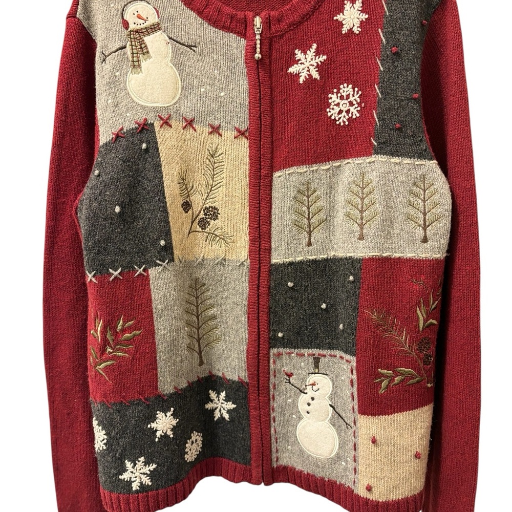 Red and Gray Women's Sweater with Snowman and Snowflake Design